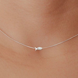 Tiny Fish Necklace Sterling Silver, Dainty Silver Necklace, Fish Bead Silver Choker Necklace, Floating Charm Minimalist Silver Jewelry Gift image 1