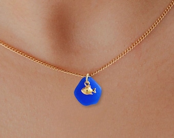 Tiny Fish Sea Glass Necklace 24K Gold Vermeil, Dainty Gold Fish Necklace, Little Fish Jewelry, Minimalist Fish Choker,Handmade Jewelry Gift