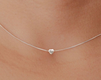 Tiny Heart Sterling Silver Necklace, Choker Necklace, Minimalist Dainty Silver Jewelry, Heart Bead Charm Necklace Mother's Day Gift For Her