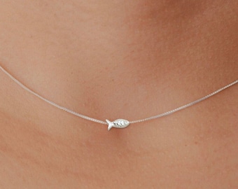 Tiny Fish Necklace Sterling Silver, Dainty Silver Necklace, Fish Bead Silver Choker Necklace, Floating Charm Minimalist Silver Jewelry Gift