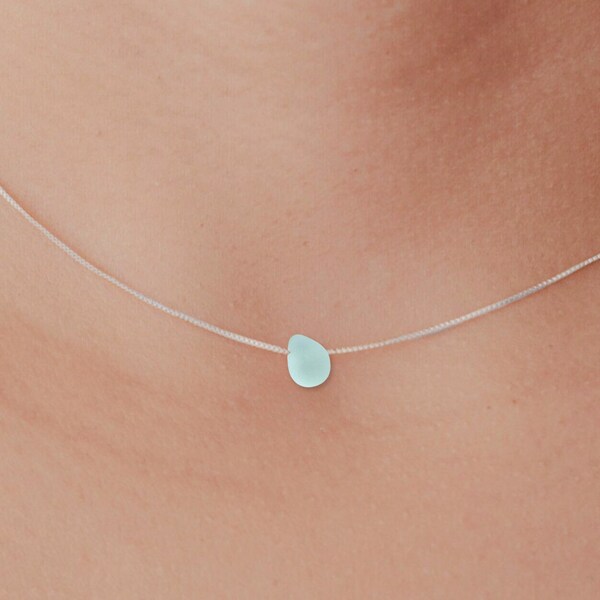 Dainty Genuine Sea Glass Necklace, Tiny Charm Simple Beach Glass Necklace, Pretty Minimalist Sea Glass Jewelry, Sea Glass Choker Gift