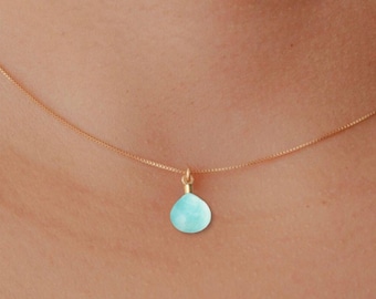 Tiny Natural Larimar Necklace, Minimalist Beach Teardrop Necklace, Natural Blue Gemstone Necklace, Beach Wedding Jewelry Bridesmaids Gift