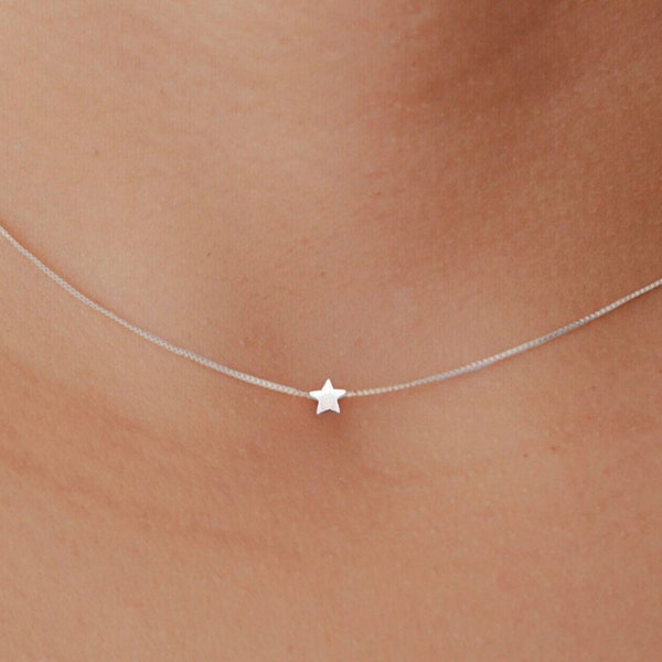 Tiny Star Sterling Silver Necklace, Dainty Silver Necklace, Star Bead Silver Choker Necklace, Floating Charm Minimalist Silver Jewelry Gift