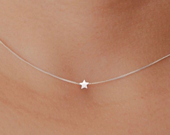 Tiny Star Sterling Silver Necklace, Dainty Silver Necklace, Star Bead Silver Choker Necklace, Floating Charm Minimalist Silver Jewelry Gift