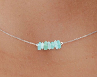 Tiny Genuine Sea Glass Necklace, Minimalist Beach Jewelry, Beach Glass Choker, Dainty Beaded Necklace, Sea Glass Gift, Beach Wedding Gift