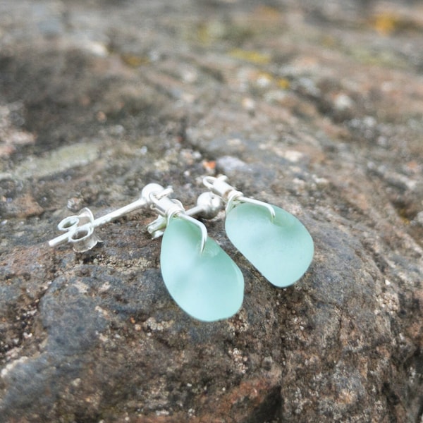 Tiny Genuine Sea Glass Stud Earrings, Sea Glass Post Earring, Sea Glass Earrings, Aqua Sea Glass Sterling Silver Earposts, Sea Glass Jewelry