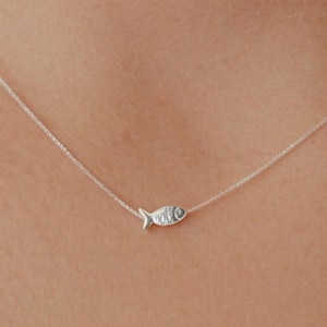 Tiny Fish Necklace Sterling Silver, Dainty Silver Necklace, Fish Bead Silver Choker Necklace, Floating Charm Minimalist Silver Jewelry Gift