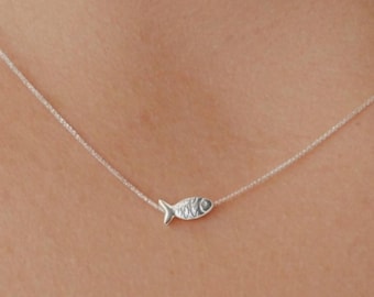 Tiny Fish Necklace Sterling Silver, Dainty Silver Necklace, Fish Bead Silver Choker Necklace, Floating Charm Minimalist Silver Jewelry Gift