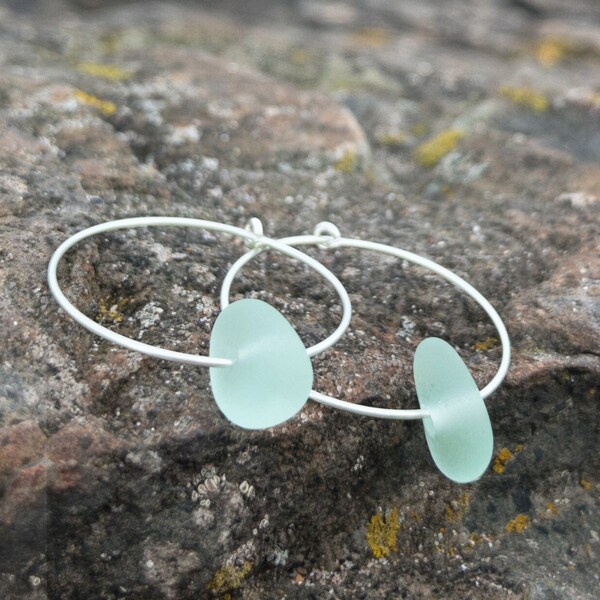 Genuine Sea Glass Hoop Earrings Sterling Silver, Small Seaglass Hoops, Dainty Earrings, Minimalist Beach Jewelry, Handmade Beach Lover Gifts