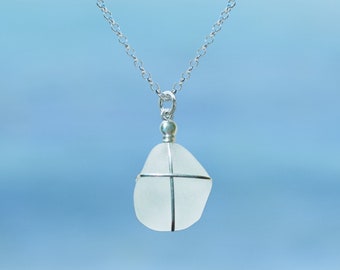 Scotland Sea Glass Necklace, Dainty Cross Necklace, White Pendant Necklace Beachglass Minimalist Jewelry, Christmas Gift Stocking Stuffer