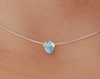 Tiny Sea Glass Necklace Sterling Silver, Dainty Personalized Necklace, Beachglass Jewelry,Sea Glass Choker,Minimalist Everyday Necklace Gift