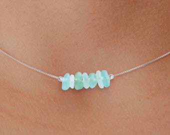 Tiny Genuine Sea Glass Necklace, Minimalist Beach Jewelry, Beach Glass Choker, Dainty Beaded Necklace, Sea Glass Gift, Beach Wedding Gift