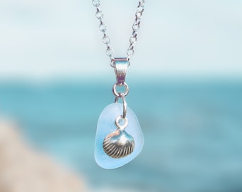 Genuine Sea Glass Charm Necklace, Seashell Jewelry Gift For Her, Seashell Gift Beach Jewelry, Sterling Silver Seashell Necklace, Beach Gift