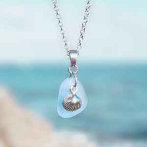 Genuine Sea Glass Charm Necklace, Seashell Jewelry Gift For Her, Seashell Gift Beach Jewelry, Sterling Silver Seashell Necklace, Beach Gift