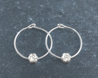 Tiny Rose Hoop Earrings Sterling Silver, Rose Earrings Dainty Floral Hoops, June Birth Flower Jewelry, Small Floral Earrings Gift for Mother