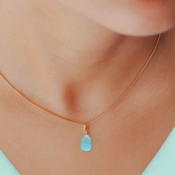 Tiny Genuine Sea Glass Necklace 24K Gold Vermeil 925, Sea Glass Jewelry Dainty Blue Beach Glass Pendant, Minimalist Gold Necklace Beach Gift