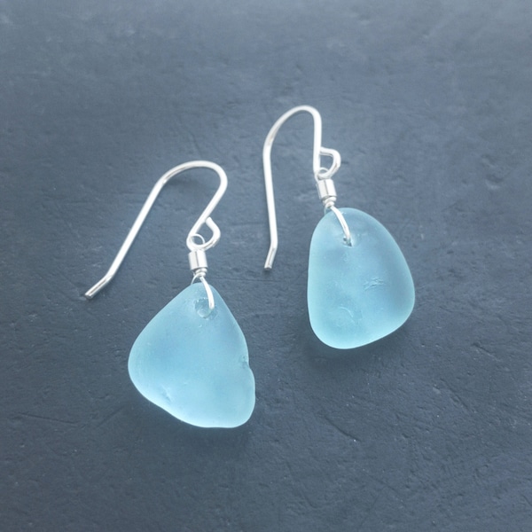 Genuine Sea Glass Earrings Sterling Silver, Beach Glass Drop Earrings Real Sea Glass Jewelry, Aqua Blue Earrings Gift For Her Christmas Gift