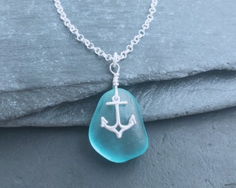 Genuine Seaglass Anchor Necklace Sterling Silver, Sea Glass Necklace, Anchor Pendant Nautical Necklace, Nautical Anchor Jewelry Sailing Gift