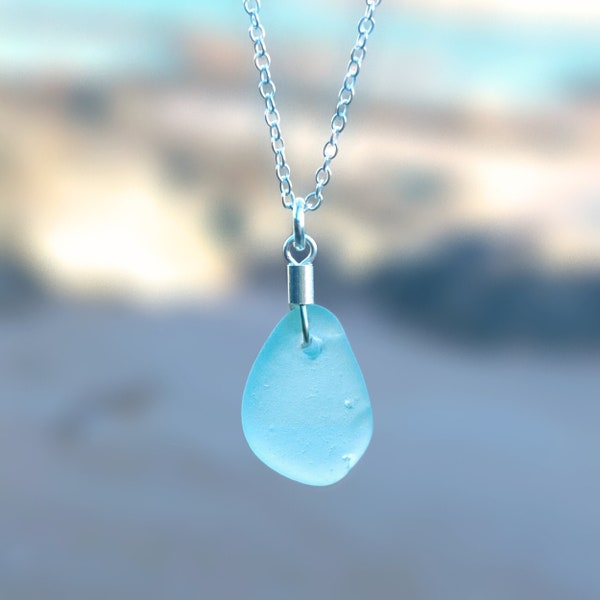 Genuine Sea Glass Necklace Sterling Silver, Seaglass Necklace, Beach Glass Eco Friendly Jewelry, Blue Sea Glass Pendant, Sea Glass Jewelry