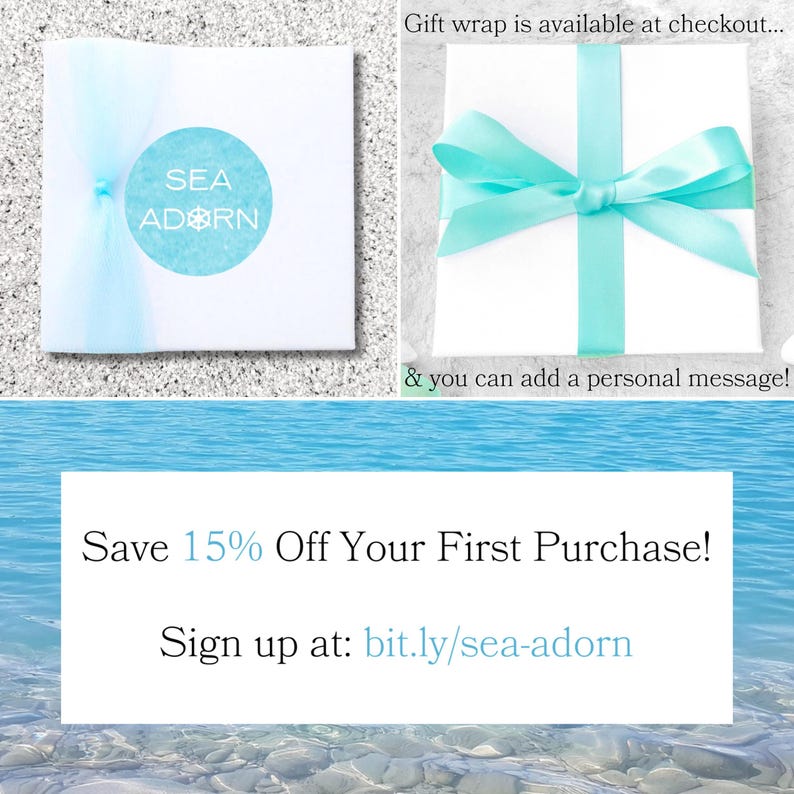 May include: Two white gift boxes, one tied with a light blue ribbon, the other sealed with light blue tulle and a round sticker with the text "SEA ADORN". The image also includes text that says "Save 15% Off Your First Purchase!" and "Sign up at: bit.ly/sea-adorn".