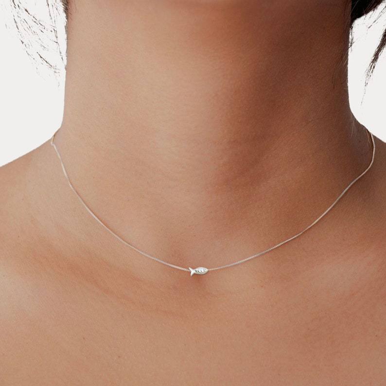 Tiny Fish Necklace Sterling Silver, Dainty Silver Necklace, Fish Bead Silver Choker Necklace, Floating Charm Minimalist Silver Jewelry Gift image 1