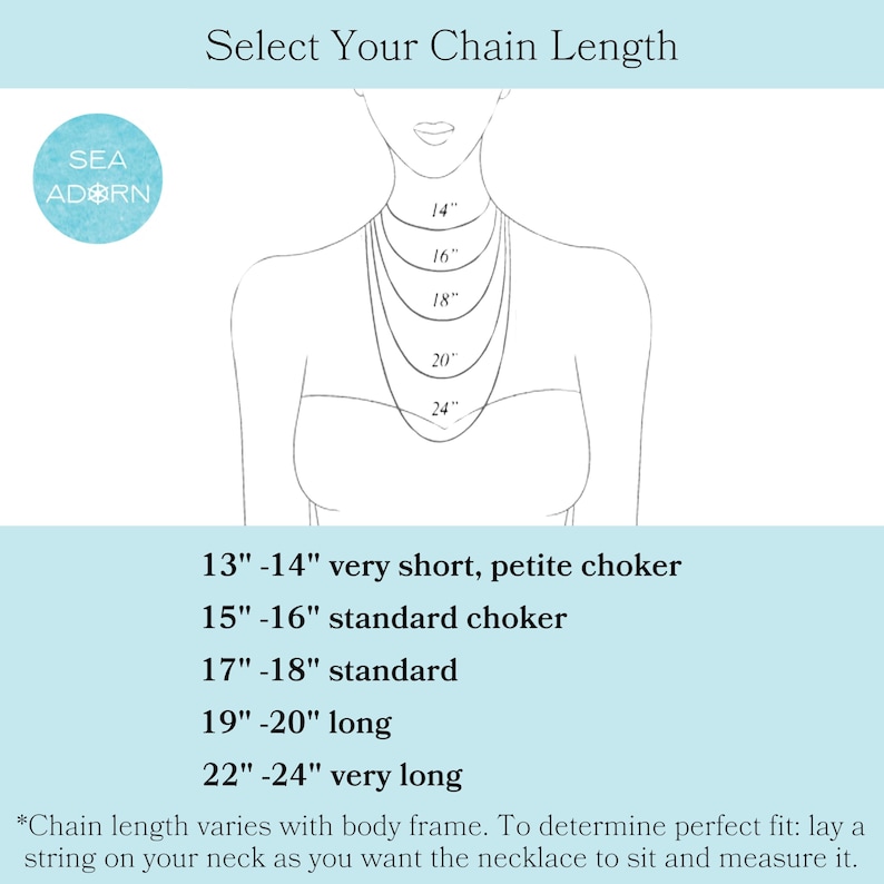 May include: Diagram illustrating necklace chain lengths. The image shows a woman's neck with various chain lengths from 14 inches to 24 inches. Text indicates chain lengths: 13"-14" very short, 15"-16" standard, 17"-18" standard, 19"-20" long, and 22"-24" very long.