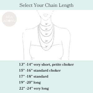 May include: Diagram illustrating necklace chain lengths. The image shows a line drawing of a person with various chain lengths labeled: 14", 16", 18", 20", and 24". Text below indicates chain lengths: petite choker, standard choker, standard, long, and very long.