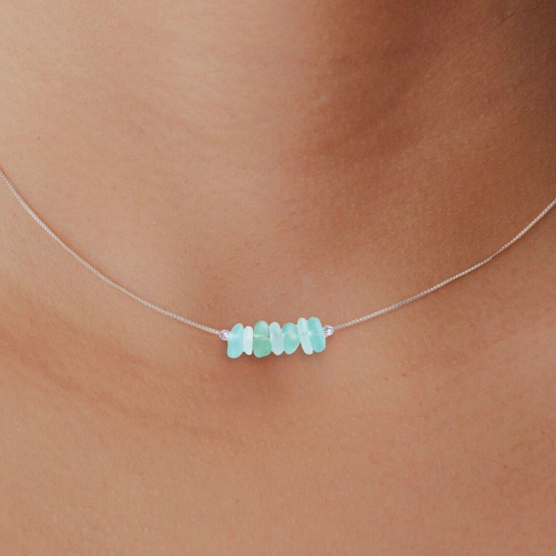 Tiny Genuine Sea Glass Necklace, Minimalist Beach Jewelry, Beach Glass Choker, Dainty Beaded Necklace, Sea Glass Gift, Beach Wedding Gift image 1