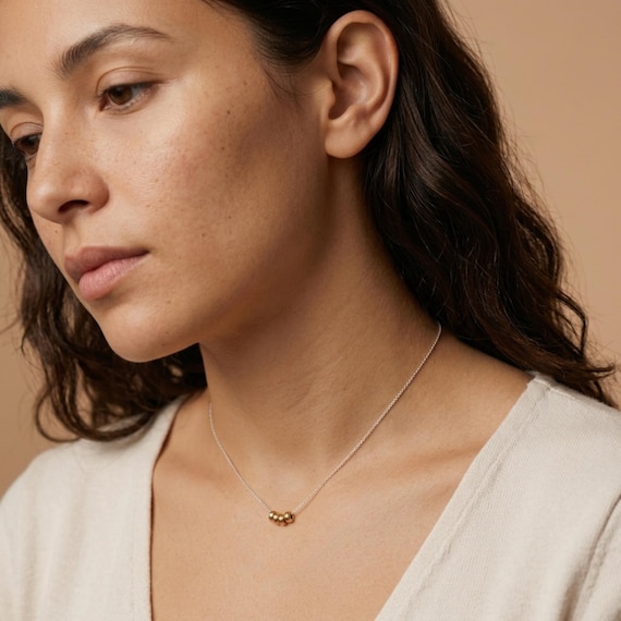 Tiny Gold & Sterling Silver Necklace, Mixed Metal Necklace, Multi Metal Minimalist Necklace, Simple Dainty 4 Bead Necklace Dual Tone Choker