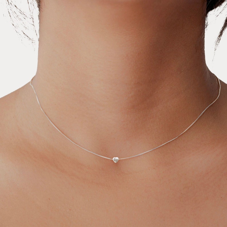 Tiny Heart Sterling Silver Necklace, Choker Necklace, Minimalist Dainty Silver Jewelry, Heart Bead Charm Necklace Mother's Day Gift For Her image 1
