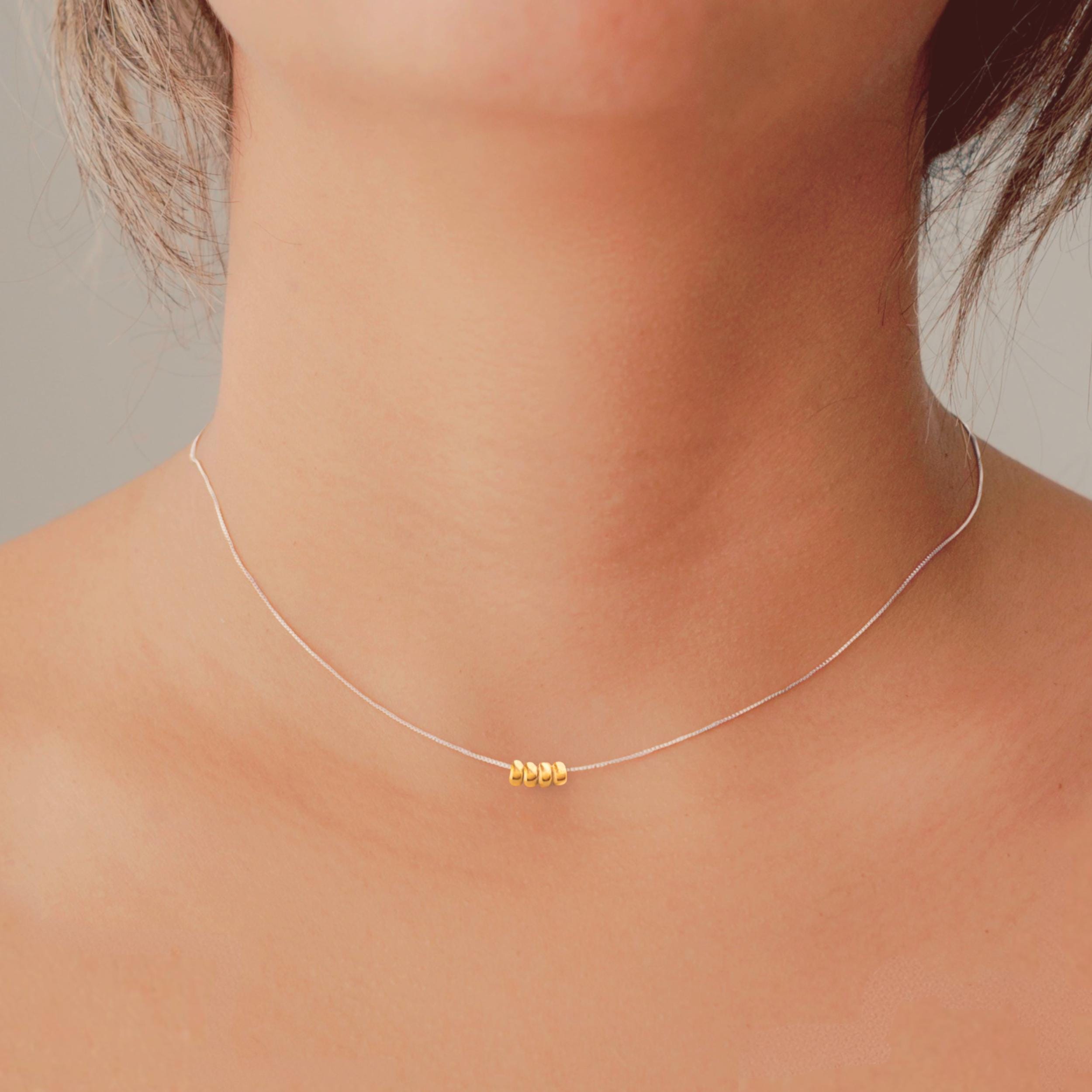 Tiny Gold & Sterling Silver Necklace, Mixed Metal Necklace, Multi Metal Minimalist Necklace, Simple Dainty 4 Bead Necklace Dual Tone Choker