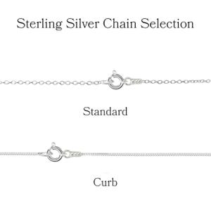 May include: A selection of sterling silver chains, including a standard chain and a curb chain, displayed against a white background. The text "Sterling Silver Chain Selection" is at the top, with "Standard" and "Curb" below the respective chains.