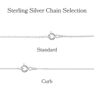 May include: A selection of sterling silver chains, including Standard and Curb styles, displayed against a white backdrop. The image highlights the clasps of each chain. Text at the top reads "Sterling Silver Chain Selection", with labels "Standard" and "Curb" below.