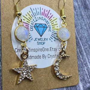 Rainbow Moonstone Earrings, Drop and Dangle, Star Shape, Moon Earrings, Sterling Silver plated gold