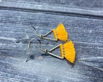 Sterling Silver Earrings, Drop & Dangle Earrings, Triangle Shape Earrings, Orange Tassel Earrings, Mini Triangle Tassel Earrings