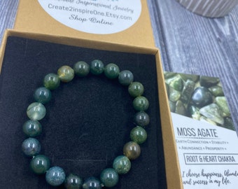 Moss Agate, Energy Bracelets, Stackable Bracelets, Agate Stone Bracelet, Gifts for her, Gifts for him, Card included