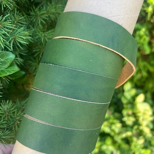 May include: A roll of green leather strips wrapped around a cardboard tube. The leather is a deep forest green color, with visible grain and texture. The edges of the leather are a lighter tan color. The background is blurred green foliage.
