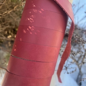 May include: A roll of burgundy leather strap, wrapped around a cardboard tube. The leather is smooth and has a slight sheen.