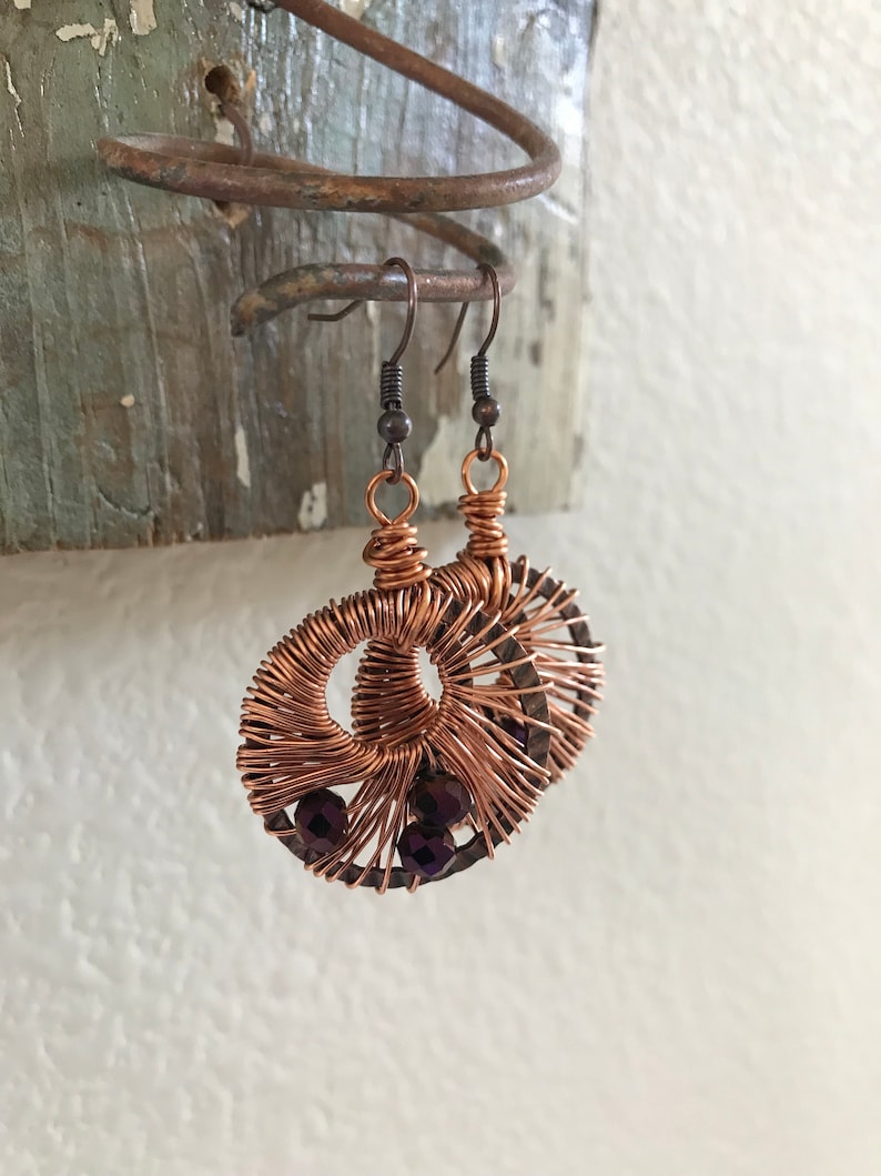 Wire Wrapped Earrings Copper Purple