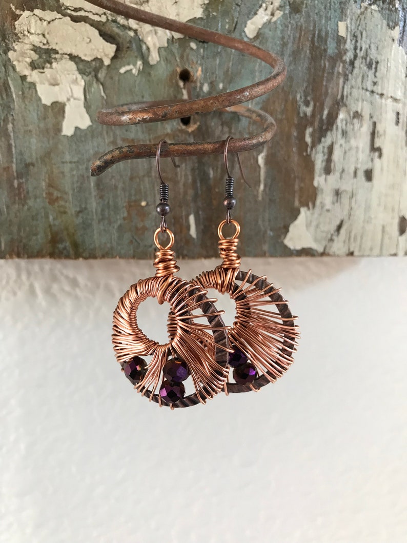 Wire Wrapped Earrings Copper Purple