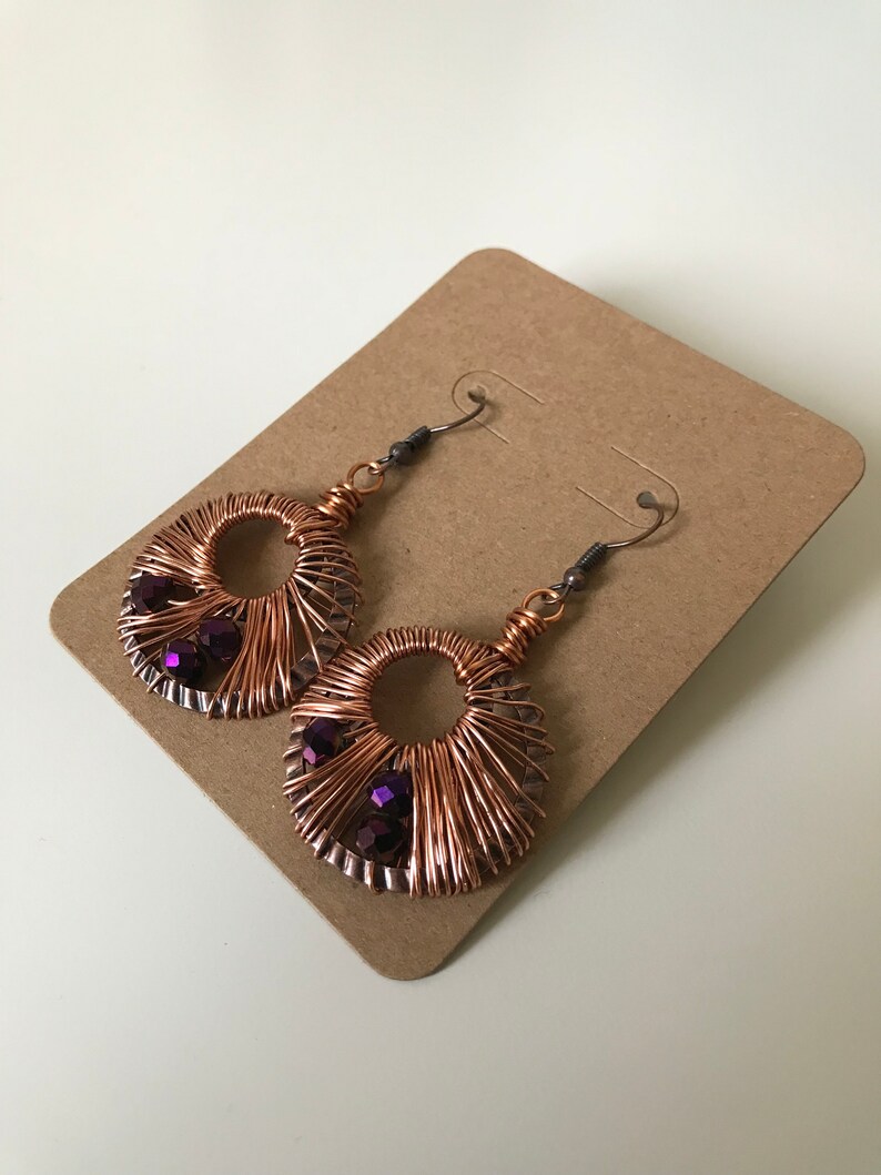Wire Wrapped Earrings Copper Purple