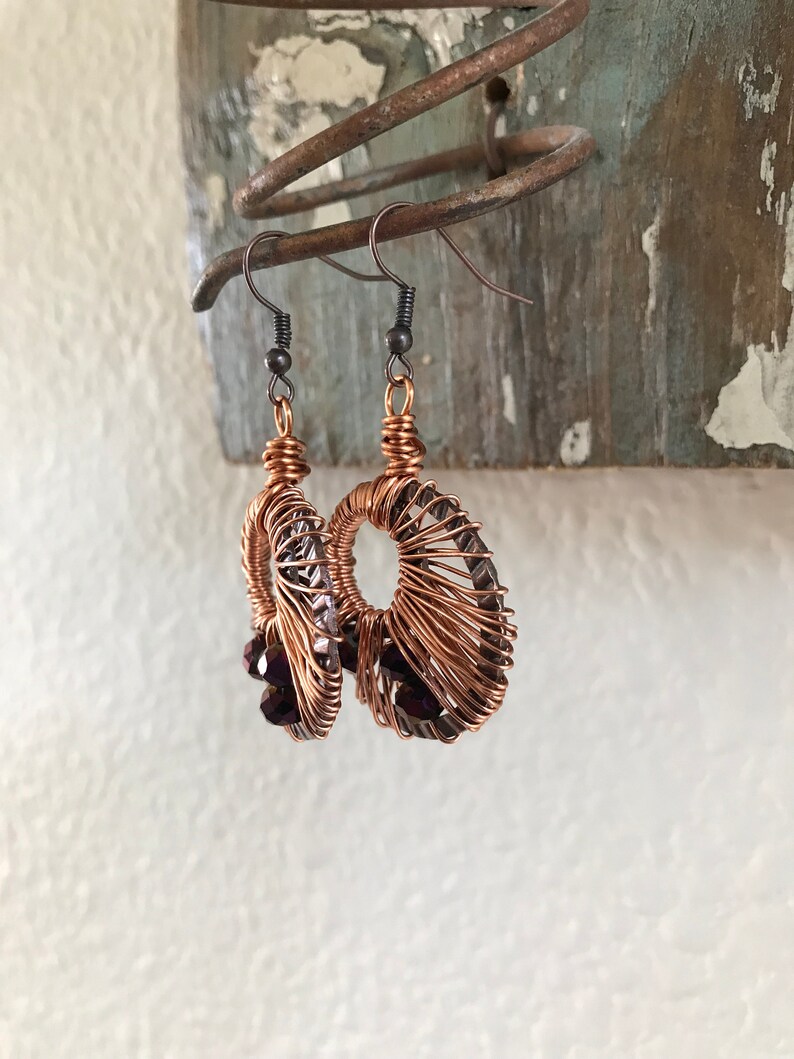 Wire Wrapped Earrings Copper Purple
