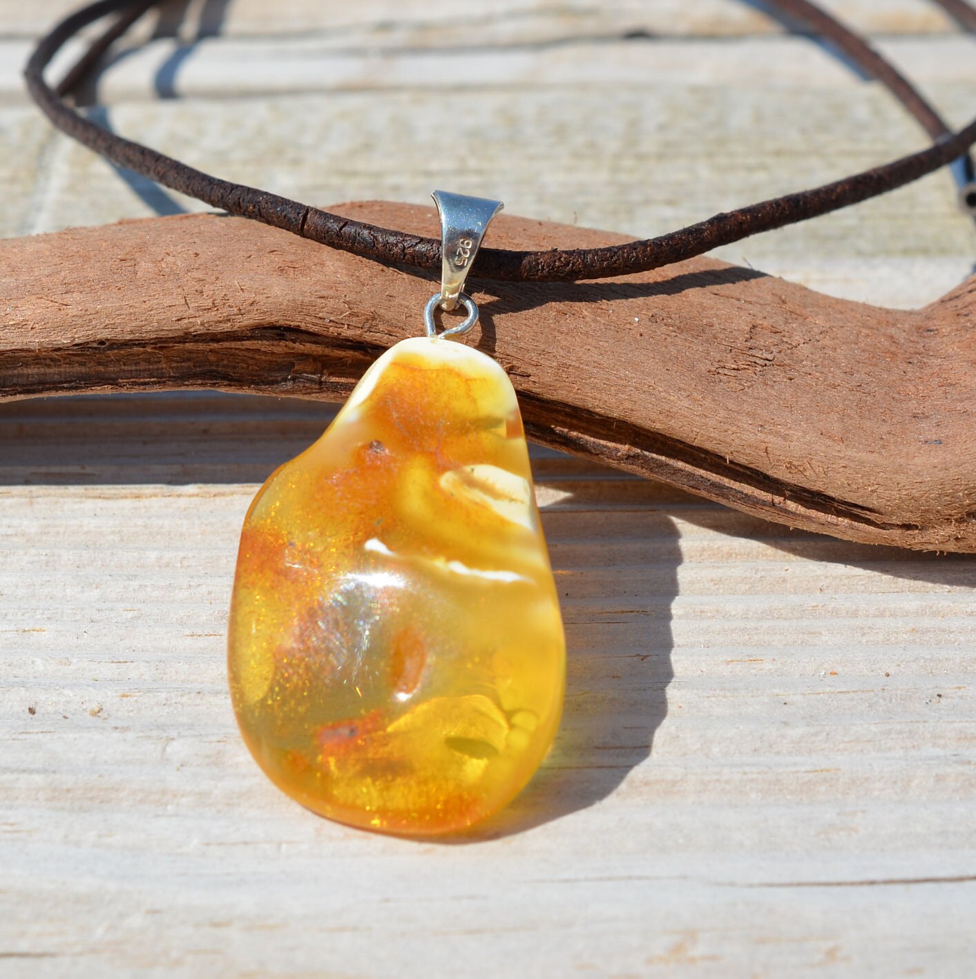 NATURAL BALTIC AMBER Jewellery Gemstone STERLING SILVER 925 PENDANT NECKLACE