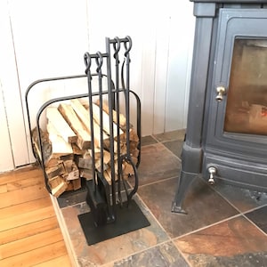 Le Romantique QUATUOR Fireplace toolset Wrought Iron Forged Fire poker Shovel Brush Log Grabber Tong Antique Design Vintage Style Farmhouse