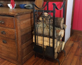 Le Romantique Firewood holder Log rack with hooks Fireplace tool set in option Wood storage Fire accessories Hearthside farmhouse CozyDesign