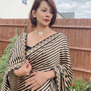 Satin silk saree, Striped sari, Black and gold saree, Indian saree, Indian wear, Bollywood saree, Sari, Saree