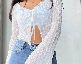 White Bell Sleeve Front Tie Texutured Cropped Cardigan Top