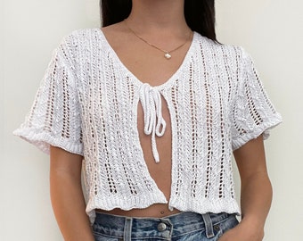 Crochet White Tie Front Cropped Tee