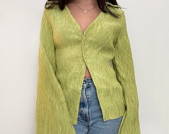Green Bell Sleeve Front Button Down Collared Shirt Textured Cardigan Top