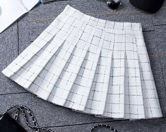 White Tweed Pleated School Mini Skirt Acrylic